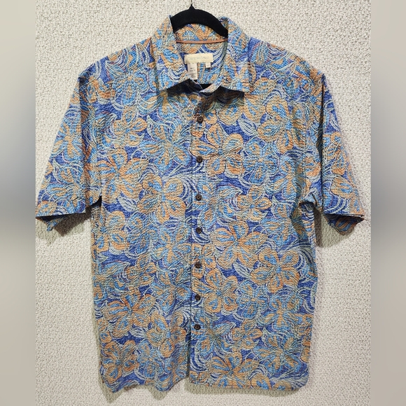 The Territory Ahead Mens MED Tall Seersucker Blue Floral Hawaiian‎ Button Up - Picture 1 of 6